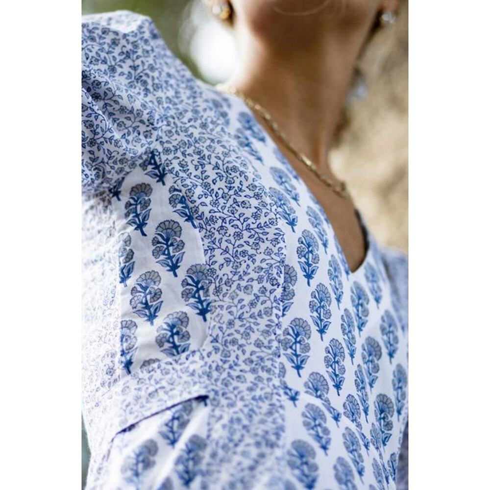 Pink City Prints Tuckernuck Bahama Midi Dress Sky Blossom Blue White Tie Waist L - Picture 2 of 11